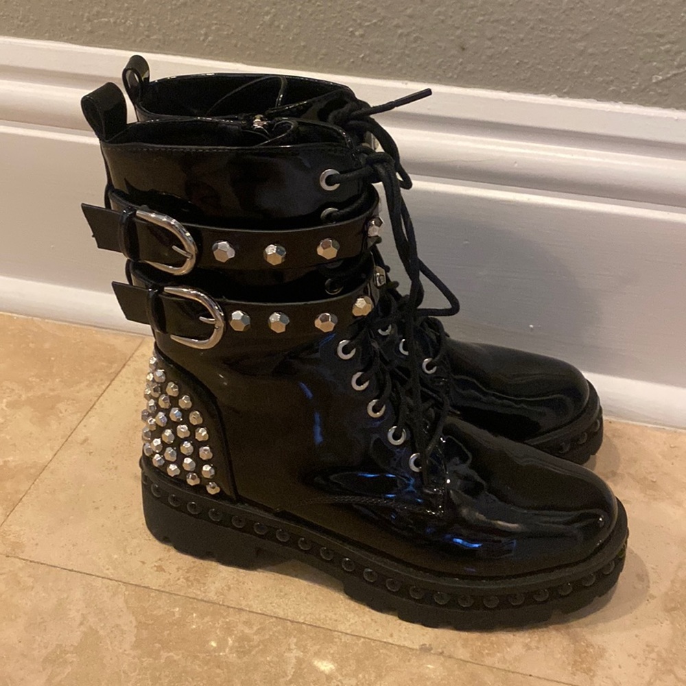 Super Cute Black Patent Combat Boots with Studs Size 36